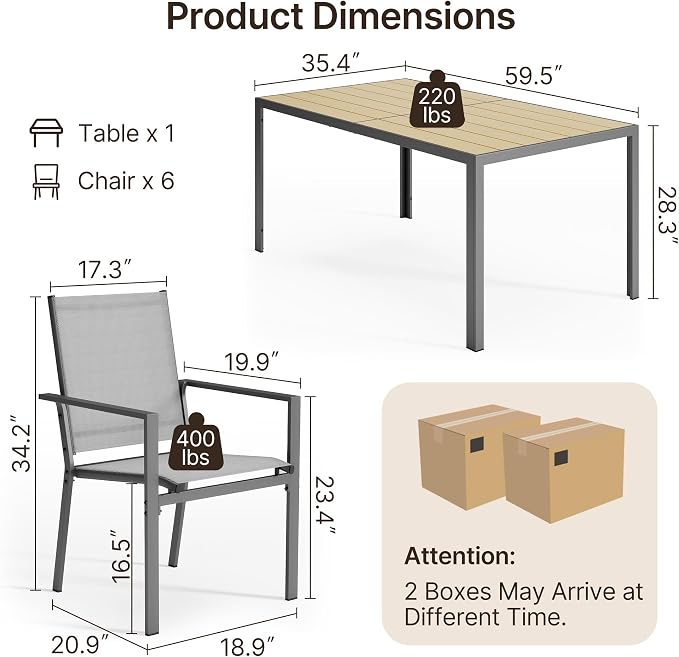 Ahomly Patio Table and Chairs Set for 6, Outdoor Dining Set Includes 59.5" Rectangle Patio Table with Side Umbrella Hole and 6 Textilene Fabric Patio Chairs for Courtyard, Backyard, Pool, Grey&Brown