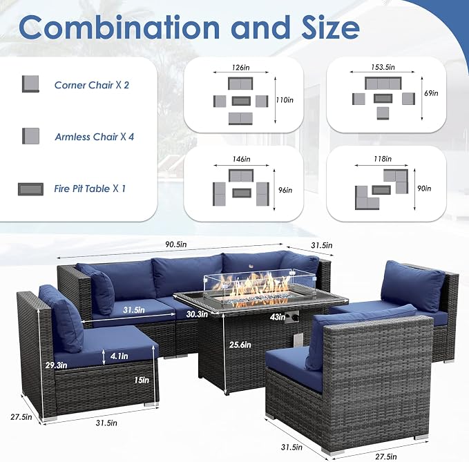 RADIATA 7 Piece Wicker Patio Furniture Set with Fire Pit, All-Weather Outdoor Sectional Couch High Back Large Size, Modular Backyard Seating Sofa Set with Propane/Natural Gas Firepit Table, Grey&Blue