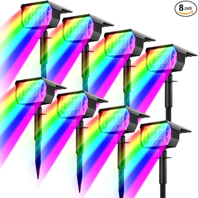 nipify Solar Spot Lights Outdoor Color Changing, Halloween RGB Spotlights | 8 Pack/7 Modes, Waterproof, Solar Powered, Landscaping, Lighting for Outside Pathway Yard Wall Garden Walkway