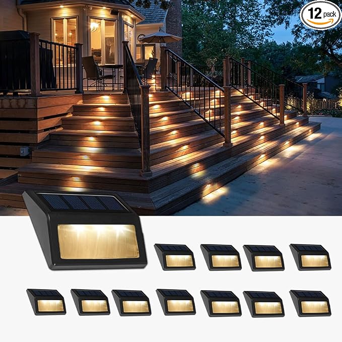 Solar Lights Outdoor, Waterproof Solar Powered Deck Step Lights for Patio Garden Backyard Garage Driveway Pathway Outside Wall Lighting (Warm White, 12 Pack)