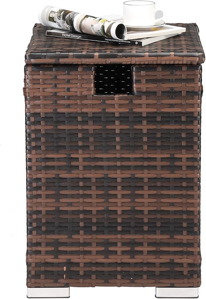 16 Gallon Patio Rattan Wicker Side Tables,All-Weather Outdoor Storage Box,Waterproof Patio Coffee Side Table,Outside Storage Coffee Tables,with Lid,for Garden Porch Poolside Deck Backyard (Brown)