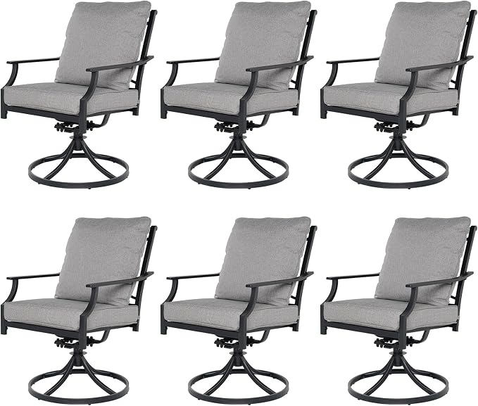 Grand patio Dining Chairs Set of 6，Outdoor Swivel Patio Dining Chairs Set of 6，Swivel Rocker Dining Chair，Outdoor Dining Chairs with Grey Cushions, Patio Chairs for Outside, Garden Lawn Porch