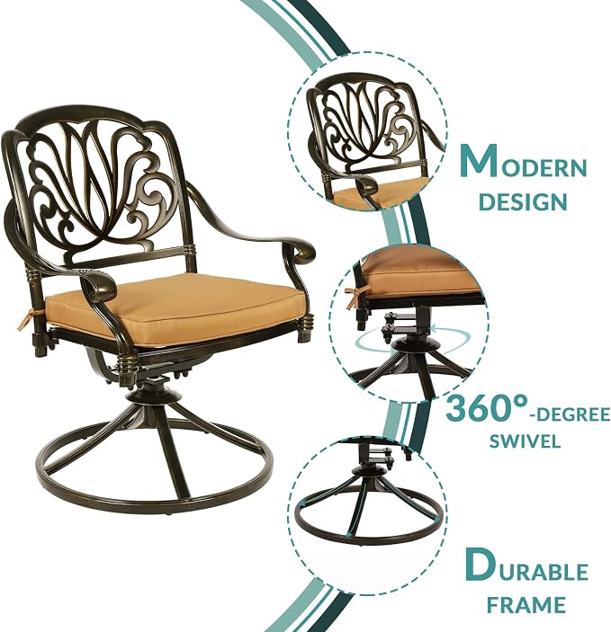 MEETWARM 3-Piece Outdoor Patio Dining Set, All-Weather Cast Aluminum Patio Conversation Set - 2 Cushions Swivel Rocker Chairs and 35.4" Round Table for Backyard Garden Deck, 2.2" Umbrella Hole
