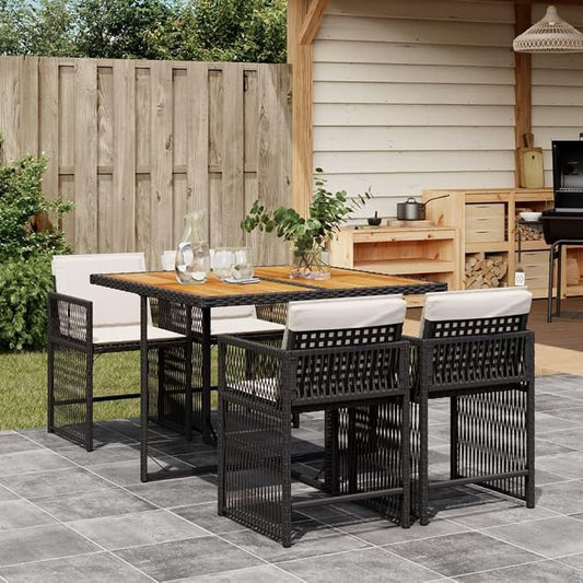 5 Piece Garden Dining Set Black Cream White Outdoor Patio Table with 4 Chairs Cushions Weather Resistant Steel Frame Acacia Wood Top Poly Rattan for Backyard Deck Entertaining