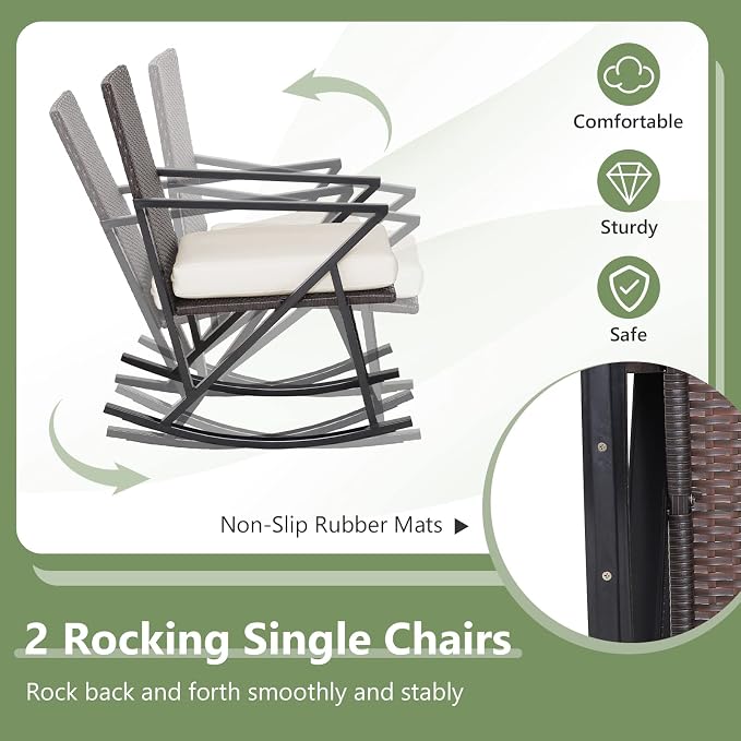 Tangkula 4 Piece Patio Rocking Furniture Set, Patiojoy Heavy Duty PE Wicker Loveseat with 2 Rocking Chairs & 1 Coffee Table, Outdoor Rattan Conversation Set for Porch, Poolside, Balcony