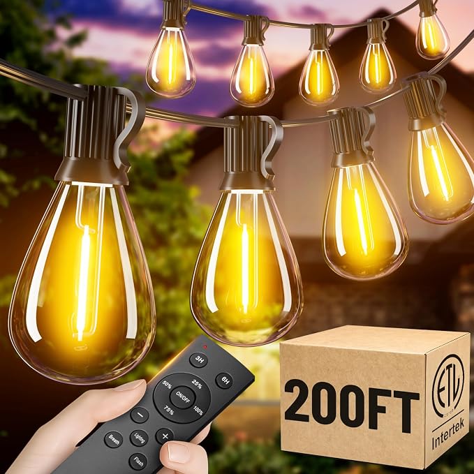 200FT Outdoor String Lights with Remote, Waterproof Patio Lights with 72+2 Shatterproof LED Bulbs,Dimmable Hanging Decor for Backyard Garden Porch Bistro, Timer & 3 Modes,2700K Warm White