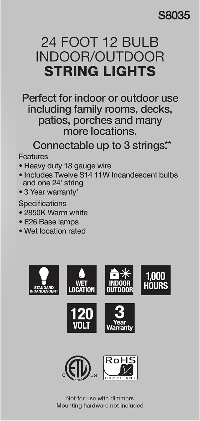Satco S8035 Incandescent Indoor/Outdoor String Lights, Black, Bulbs Included, 24 Feet (Pack of 1)