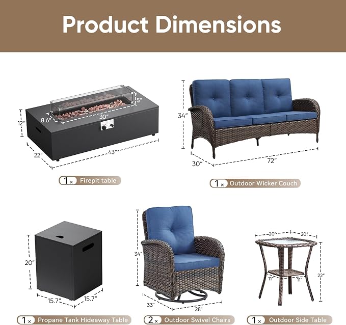 HUMMUH Luxury Patio Furniture Set with High Back Swivel Rocker Chairs & 3 Seater-Couch & Steel Fire Pit Table 5 Pieces Outdoor Conversation Set for Porch,Deck,Backyard