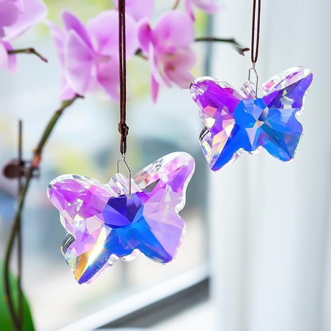 2 Pcs Crystal Butterfly Suncatcher Rainbow Maker Window Decor | 2.7 Inch Crystal Butterfly Sun Catchers Prisms Rainbow Maker Hanging Pendants for Window Garden Home Indoor Wedding Decor