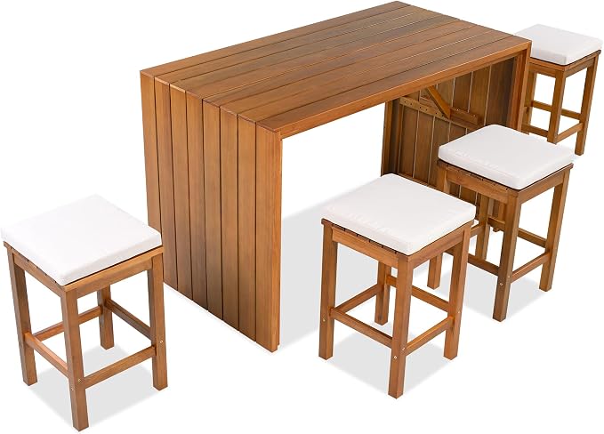 5 Piece Outdoor Bar Set, Patio Acacia Wood Bar Height Table & Four Stools with Cushions, Poolside, Backyard Furniture for Stylish Entertaining