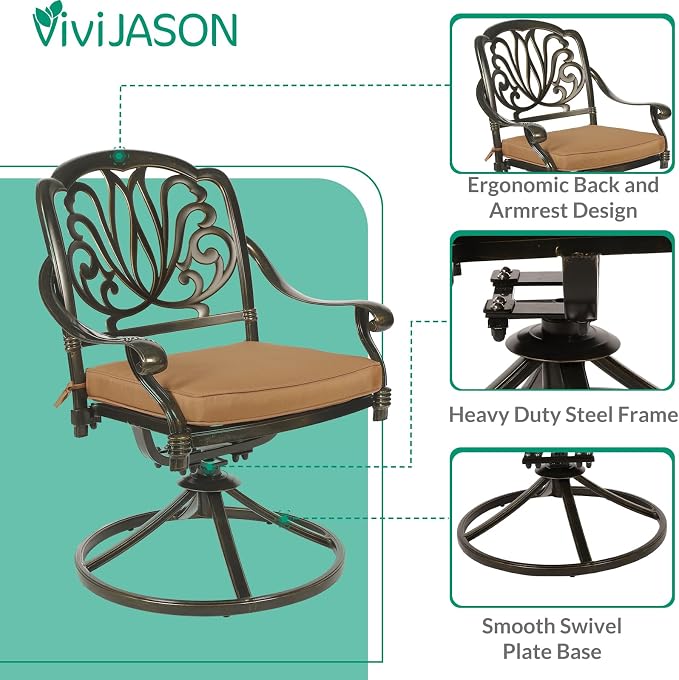 VIVIJASON 9-Piece Outdoor Furniture Dining Set, Cast Aluminum Patio Table and Chairs Set with 4 Stationary Chairs, 4 Swivel Rocker Chairs, 64" Large Square Dining Table, Umbrella Hole, Khaki