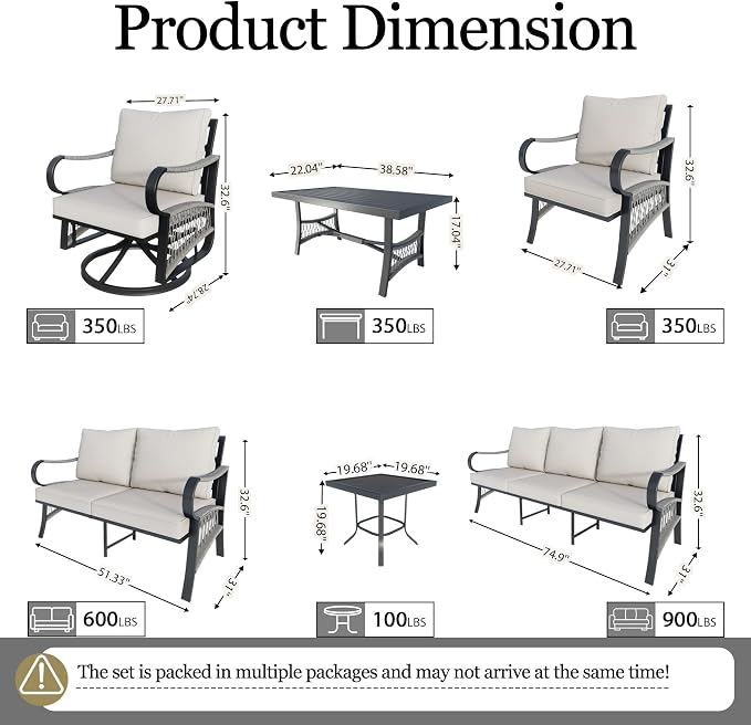 8 Pieces Patio Conversation Sets, All Weather Metal Outdoor Furniture Set with Swivel Rocking Chairs Set, Outdoor Furniture Set with Sectional Sofa Couch Loveseat (Beige Cushions)
