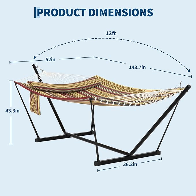 IDEALHOUSE Double Hammock with Stand, 2 Person Outdoor Hammock, 450 Lb Capacity, Pillow Included, 12 ft Stand for Patio, Backyard, Poolside, Red and Yellow Stripes