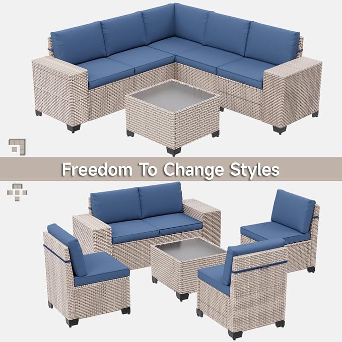 13-Piece Outdoor Patio Furniture Set with Fire Pit, Modular Sectional Sofa Set with Glass Coffee Table and Cushions, Wicker Outdoor Couch Conversation Sets, Blue