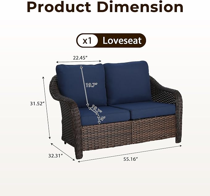 55 inch Outdoor Wicker 2 Seater Sofa, All-Weather Use Patio Rattan Loveseat with Seat and Back Cushion, Ideal for Porch, Backyard, Balcony, Poolside, Blue