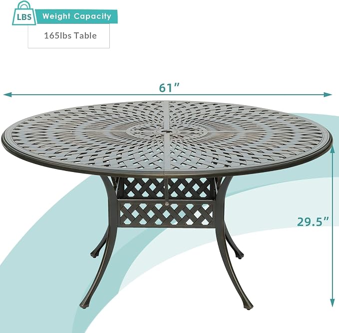 MEETWARM 61" Round Cast Aluminum Patio Dining Table, Weather-Resistant Large Outdoor Dining Table for 8 Person, Patio Furniture Table with Umbrella Hole and Adjustable Foot Pads, Dark Bronze