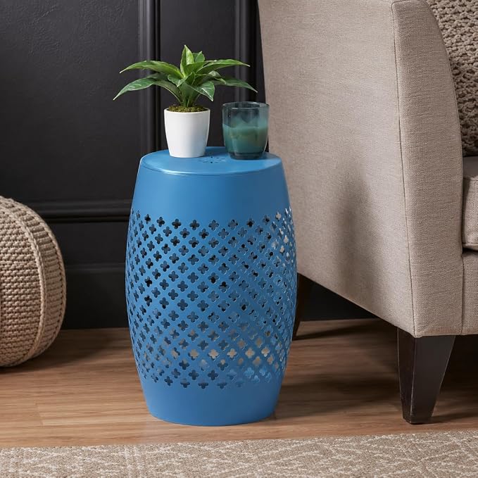 12" Outdoor Side Table, Decorative Cutout Metal Round Side Table, Multi Functional - Coffee Table, Night Stand, Plant Stand for Patio, Garden, Backyard, Gazebo Indoor (Blue)