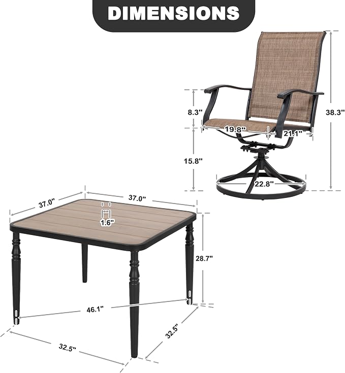 NUU GARDEN 5-Piece Outdoor Dining Set for 4, Metal Square Table with Umbrella Hole and Wood-Grain Top with 4 Patio Swivel Rocking Textilene Chairs for Porch Backyard Garden Poolside Black Brown