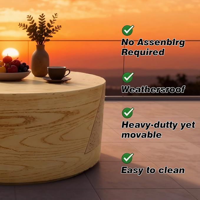 LIVILAND 27.6" Round Drum Coffee Table, Modern MgO Weatherproof Outdoor Center Table for Living Room & Patio, Japandi Faux Wood Grain, No Assembly Required (Sahara Oak Travertine)