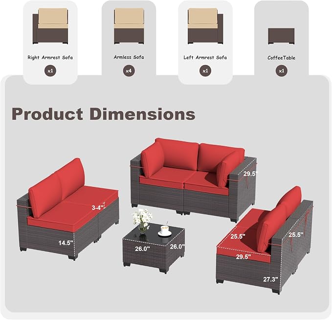 Kurapika 7 Pieces Patio Furniture Set, Rattan Wicker Outdoor Conversation Sets w/4 Inch Cushion and Glass Coffee Table(Red)