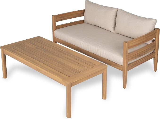 Christopher Knight Home Kayim Patio Loveseat Coffee Table Set with Curved Arm and Backrest, Acacia Wood Conversation Sofa Chat Set, Outdoor Furniture Set for Backyard Deck, Light Teak+Beige