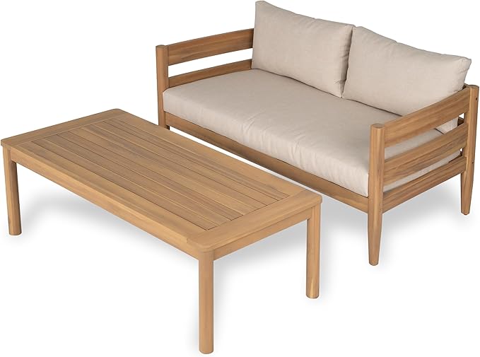 Christopher Knight Home Kory 5-Piece Acacia Wood Patio Furniture Set, Outdoor Conversation Sofa Chat Set with Club Chair and Coffee Table, Patio 7-Seater Seating Group for Backyard Balcony, Teak+Beige