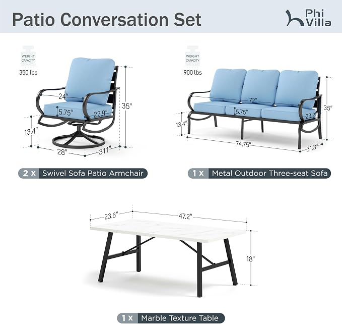 PHI VILLA 4 Piece Patio Furniture Sets for 5 Person with 1 x 3-Seat Deep Seating Bench, 2 x Cushioned Swivel Sofa Chairs & 1 x Coffee Table, Outdoor Metal Conversation Set for Lawn Garden, Light Blue