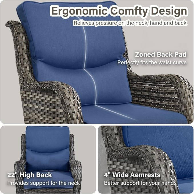 Outdoor Swivel Rocker Patio Chairs Set of 4 with Side Table - 5" Thick Cushion 6 Piece Furniture Set All Weather Comfortable Wicker Conversation Set for Porch Poolside and Deck - Gray/Blue