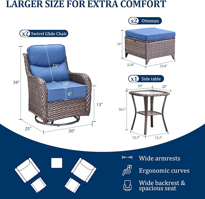 Luxury Swivel Rocker Chairs Set with 6" Thick Cushion 5 piece Wicker Outdoor Swivel Rocker Patio Chair with Ottoman High Back Comfortable Outdoor Patio Furniture Set - Brown | Blue