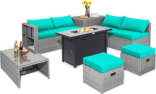 Tangkula 9 PCS Patio Furniture Set with 42” 60,000 BTU Fire Pit, Outdoor Space-Saving Sectional Sofa Set with Storage Box, Waterproof Covers Included