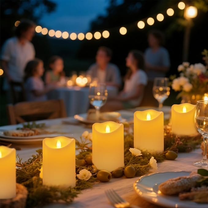 Outdoor Indoor Flameless Candles, Patented 3D Dual-LED, Set of 3 Slanted Top Durable Plastic Pillars with Remote, Table Centerpiece for Living Room Shelf, Non-Melting Battery Candles (Ivory)
