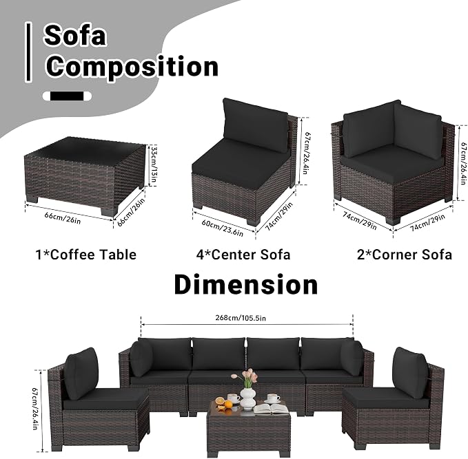 LAFWLL 7 Pieces Outdoor Patio Furniture Sets,Rattan Conversation Sectional Set,Manual Weaving Wicker Patio Sofa with Tea Table
