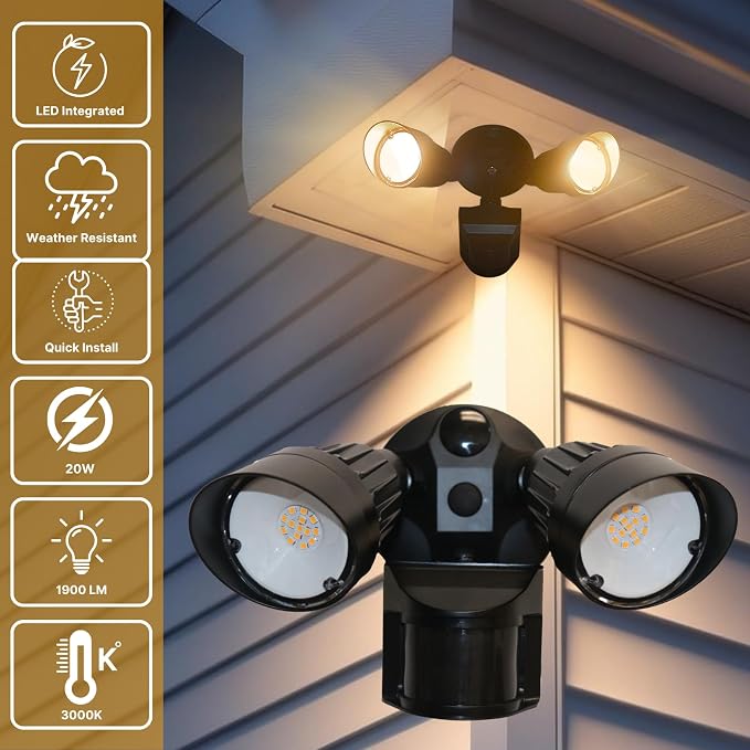 LED Black Motion Sensor 2-Light Bullet Flood Light- 3000K Adjustable Dual Head Outdoor Security Light, Dusk to Dawn, Waterproof, Hardwired Spotlight for Yard, Patio, Garage, Landscape