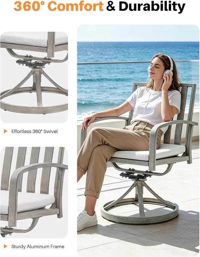 Never Rusts Aluminum Patio Dining Chairs Set of 2, 360°Swivel Outdoor Dining Chairs with Washable Cushions, Deep Seating Swivel Chairs Patio Furniture Set for Deck, Balcony, Garden, Poolside