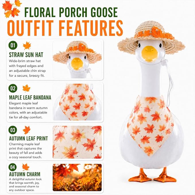 2Pcs Fall Outfit for Porch Goose - Autumn Maple Leaf Bowknot Straw Hat with Bib Accessories for 23'' Cement Statue, Garden Lawn Thanksgiving Halloween Outdoor Decoration