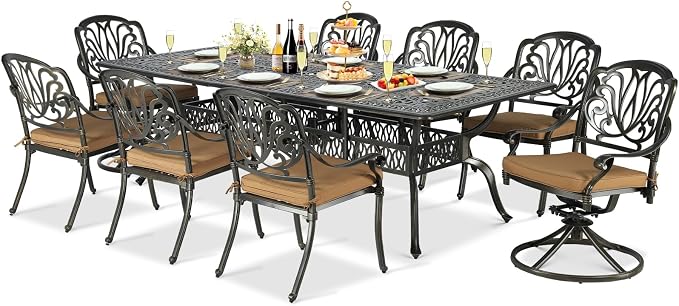 9-Piece Patio Cast Aluminum Dining Set, Outdoor Dining Furniture Set for 8 Person, Includes 94.5" Rectangular Dining Table, 6 Stationary, 2 Swivel Dining Chairs with Umbrella Hole, Tan