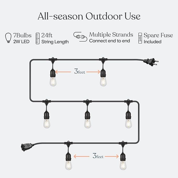 Brightech Ambience Pro - 24 Ft Waterproof LED Outdoor String Lights - Hanging, Dimmable 2W Vintage Edison Bulbs - Commercial Grade Patio Lights Create Cafe Ambience in Your Backyard, 7 Bulbs