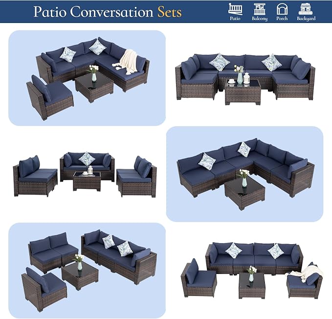 FHFO 7 Piece Outdoor Wicker Patio Furniture Set, Brown/Blue | Sectional Sofa | All-Weather Hand-Woven Rattan | Tempered Glass Coffee Table | Free Combination | Indoor & Outdoor Use