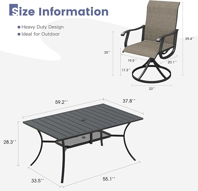 VICLLAX 7 Pieces Patio Dining Set, Patio Furniture Set of 6 Patio Swivel Dining Chairs and Rectangular Patio Table with Storage Shelf, Mixed Brown Chairs & Black Tabletop