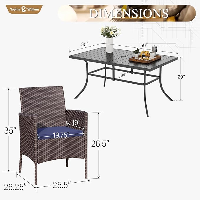 Sophia & William 7-Piece Patio Dining Set, Metal Table, PE Wicker Chairs | All Weather Patio Table and Chairs Set for 6, Perfect for backyard, deck, porch