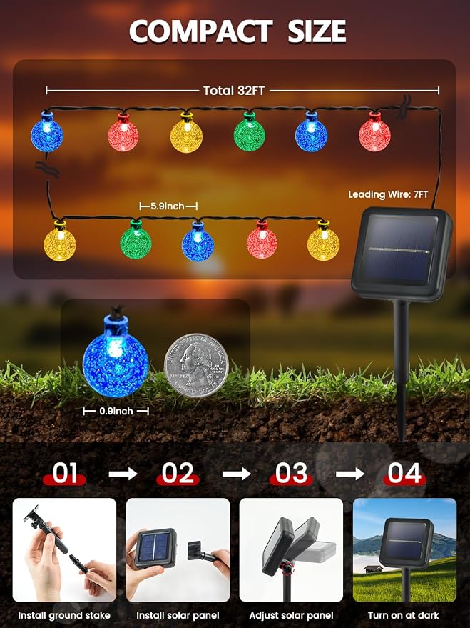 Solar String Lights Outdoor 2 Pack 64FT 100 LED Multicolor Patio Lights | Crystal Globe, IP65 Waterproof, Auto On/Off, 8 Modes Solar Powered Light for Outside Wedding Party Garden Yard Decorations