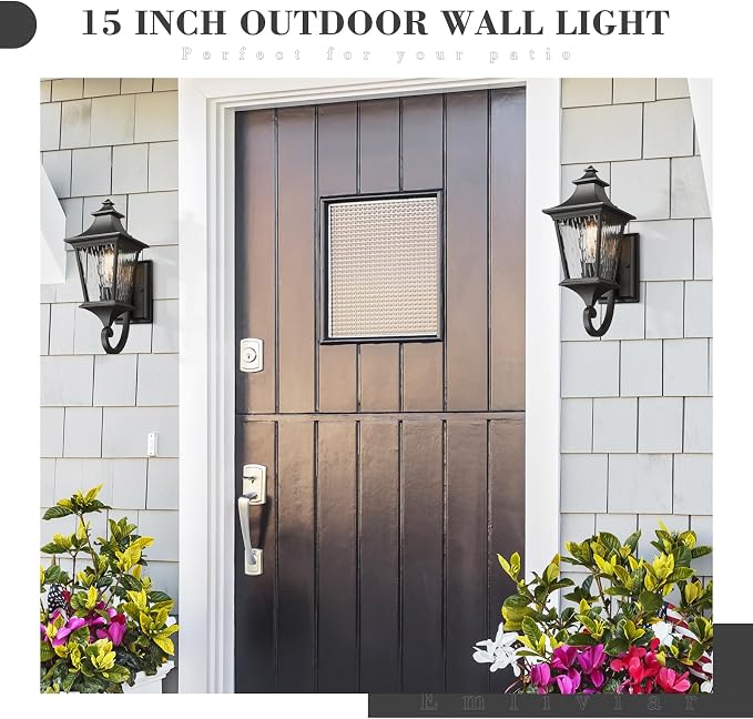 Emliviar Outdoor Light Fixture Wall Mount, 15 Inch 1-Light Exterior Wall Sconce Light with Water Ripple Glass, Black Finish, XE292UB-SW BK