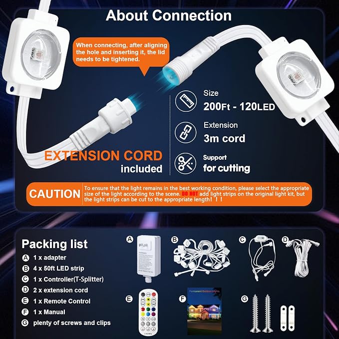 Super RGB Permanent Outdoor Lights 200FT, Smart RGB+IC Eave Lights with Remote APP Control, DIY LED Color Individual, White & Colorful Christmas String Light, IP67 Waterproof for House Outside Decor