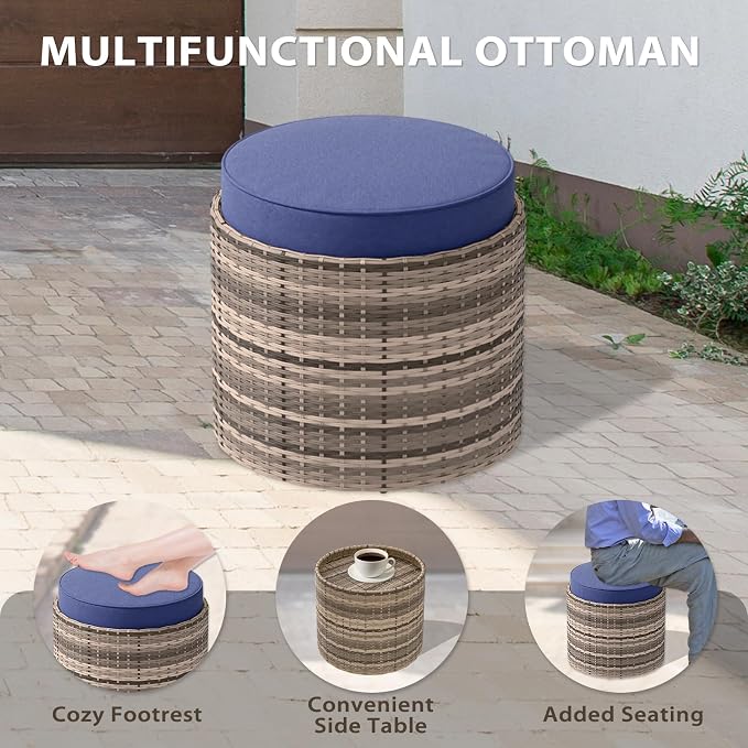 EAGLE PEAK Sunset Dune Collection Round Modern Nesting Coffee Tables, Wood Grain Top Stacking Accent Tables, Matching Ottoman, Indoor Outdoor, Set of 3, Blue