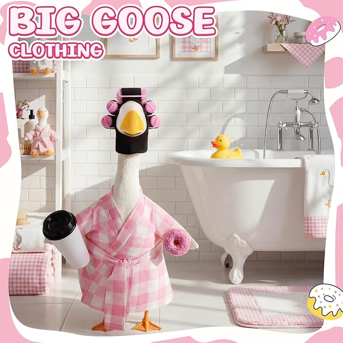 Shyyween Lady Porch Goose Outfit for 23'' Cement Plastic Lawn Goose Statue Clothes Pink Plaid Bathrobe Coffee Cup Curlers for Outdoor Garden Yard Patio Decoration