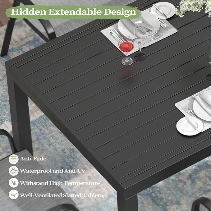 PIZZELLO 7 Pieces Outdoor Dining Set, 106" Aluminum Extendable Patio Dining Table w/ 6Pcs Stackable Textilene Chairs, All Weather Outdoor Table and Chairs Sets for Backyard, Garden, Deck and Poolside