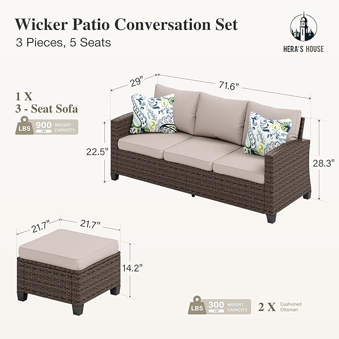 HERA'S HOUSE Small Patio Furniture Set, 3 Pieces Wicker Outdoor Sectional Set, L-Shaped Patio Couch Set, Modular Rattan Conversation Set with Lounge Sofa and Ottomans for Deck Lawn Garden, Beige
