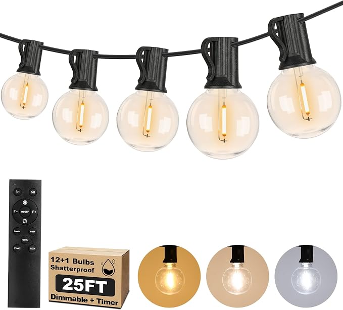 25FT LED Outdoor String Lights with Dimmable 3 Color Lights with Remote | String Light for Outside, G40 Globe Waterproof Patio Lights with 12+1 Shatterproof Bulbs for Party Backyard BBQ House Camping