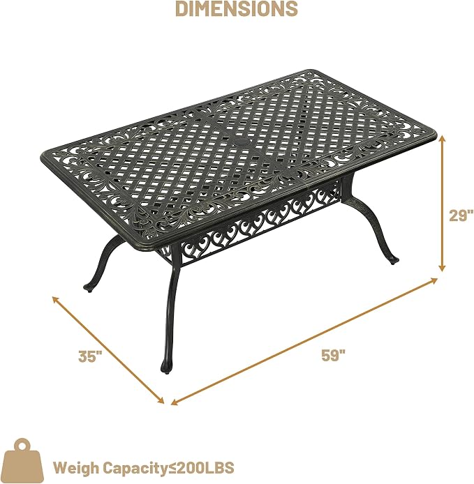 Clihome 59" Outdoor Dining Table 6-Person Cast Aluminum Patio Table with 2" Umbrella Hole Rectangle Patio Dining Table for Yard, Garden, Patio A