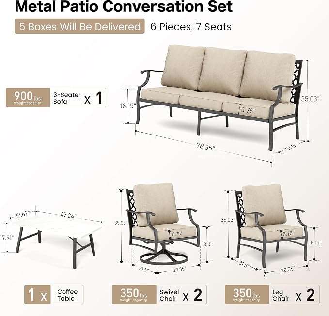 SUNSHINE VALLEY 6 Piece Metal Outdoor Patio Furniture Set, Patio Conversation Sets 1 3-seater Sofa, 2 Swivel Chair, 2 Leg Chair with 5.75" Thick Cushion and Coffee Table, Backyard Furniture Set, Beige